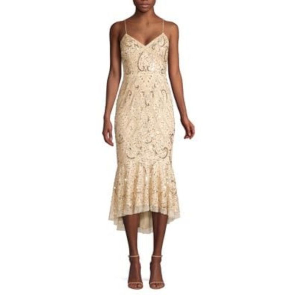 AIDAN AIDAN MATTOX Womens Gold Padded Spaghetti Strap Tea-Length Hi-Lo Dress 10